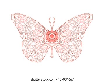 Silhouette of butterfly with circular ornament like spiderweb in red tones.  Floral mandala art.