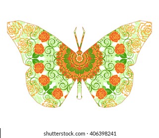 Silhouette of butterfly with circular ornament.  Mandala art. Orange and green tones.