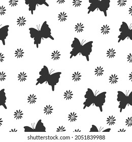silhouette of butterfly and floral pattern on white background. hand drawn vector, seamless pattern. moonchrome style. black and white. doodle art for wallpaper, wrapping paper and gift, fabric, cover