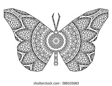 Silhouette of butterfly with king`s circular ornament.  Zentagle art.