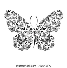 Silhouette of a butterfly made of a small butterflies, graphic illustration, tatto style butterflies