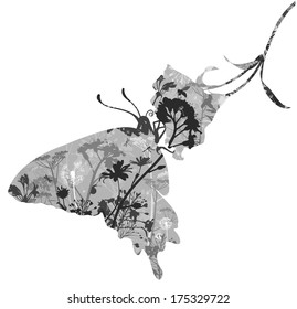 silhouette butterfly on a flower. Inside wildflowers, grasses and insects. black and white. white background