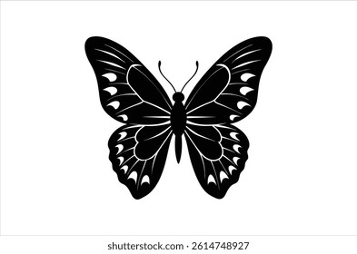 Silhouette of butterfly, Set of butterflies cartoon  of different shapes,  Monochrome vector illustration, Collection of Hand Drawn Butterfly  icons on white background.