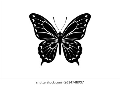 Silhouette of butterfly, Set of butterflies cartoon  of different shapes,  Monochrome vector illustration, Collection of Hand Drawn Butterfly  icons on white background.
