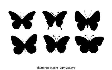 Silhouette of butterfly. Set of butterflies of different shapes. Monochrome vector illustration on white background.