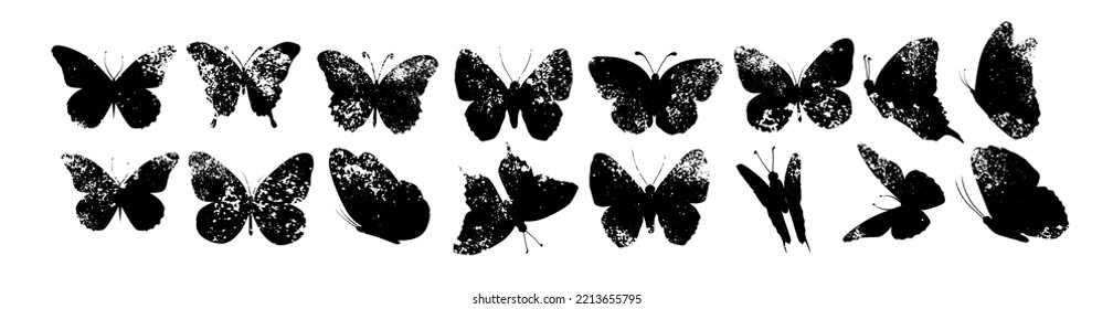 Silhouette of butterfly. Set of butterflies of different shapes. Monochrome vector illustration on white background.
