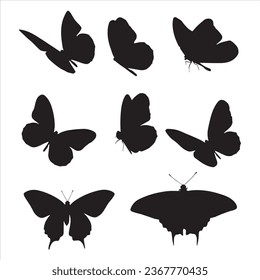 
Silhouette de mariposa. Conjunto de mariposas de diferentes formas. Ilustración vectorial monocroma sobre fondo blanco.
