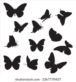 
Silhouette of butterfly. Set of butterflies of different shapes. Monochrome vector illustration on white background.
