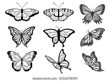 Silhouette of butterfly. Set of butterfly silhouette vector illustrations. Monochromatic insects. set of black winged butterfly vector illustrations isolated on white background.