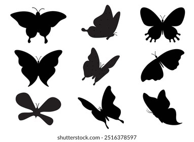 Silhouette of butterfly. Set of butterfly silhouette vector illustrations. Monochromatic insects. set of black winged butterfly vector illustrations isolated on white background.