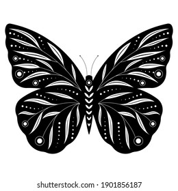 Silhouette of butterfly. Vector isolated on white. Contemporary modern print templates. Ink butterfly with floral ornament on the wings. Monochrome vector illustration.