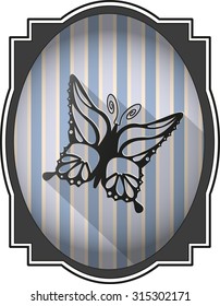 Silhouette of the butterfly in the vintage frame on the blue background