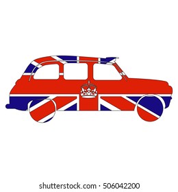 Silhouette of the cab car vector illustration. Union Jack flag. Vector background. Simple design, flat graphics.