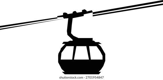 A silhouette of a cable car hanging from a cable.