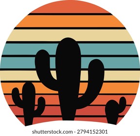 Silhouette of cacti against a retro sunset background with horizontal stripes in warm and cool tones, evoking desert vibes and vintage style.