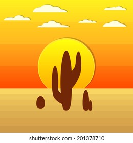 silhouette cactus in desert under orange summer sky with cloud and sunset background(vector) 