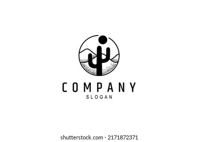 silhouette cactus plant logo in desert with moon decoration in circle frame