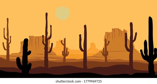 Silhouette of cactus plants in the middle of sahara desert