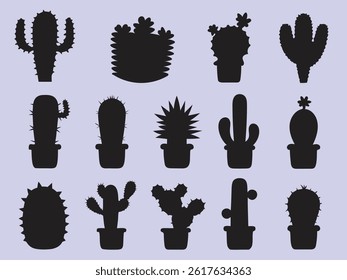 Silhouette Cactus Vector Set - Stylish Black Plant Illustrations for Design Projects.