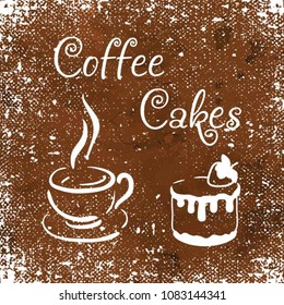 Silhouette of a cake with strawberries and a cup of coffee. White element for the menu of restaurants and cafes on a brown background. Vector illustration.


