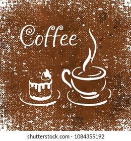 Silhouette of a cake with strawberries and a cup of coffee. White element for the menu of restaurants and cafes on a brown background. Vector illustration.

