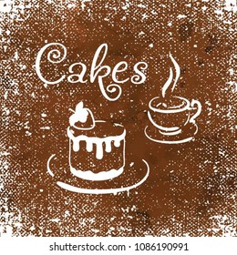 Silhouette of a cake with strawberries and a cup of coffee. White element for the menu of restaurants and cafes on a brown background. Vector illustration.

