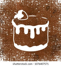 Silhouette of a cake with strawberries. White element for the menu of restaurants and cafes on a brown background. Vector illustration.

