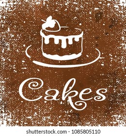 Silhouette of a cake with strawberries. White element for the menu of restaurants and cafes on a brown background. Vector illustration.

