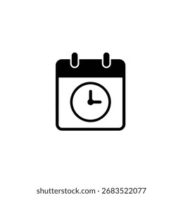 Silueta de un icono de calendario con una cara de reloj que muestra la hora, adecuado para recordatorios, citas, eventos y seguimiento de fechas en negro sobre fondo blanco.