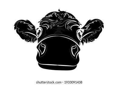 Silhouette of calf cow (head). Black and white illustration. Vector.