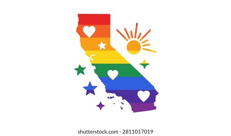 A silhouette of California map filled with the rainbow pride flag colors decorated with hearts and stars and a sun illustration