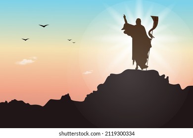 Silhouette of Calvary hill and Jesus Christ resurrection on the mountain against colorful sky. Illustration of calvary mountain and Jesus is risen and illuminating the world. Happy Easter Sunday