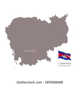 Silhouette of Cambodia country map. Highly detailed gray map and national flag and Phnom Penh capital, Southeast Asia country territory borders vector illustration on white background