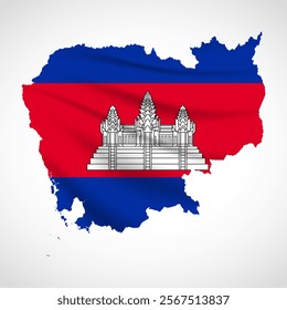 Silhouette of Cambodia map filled with the Cambodian flag design, symbolizing national pride, cultural heritage, and geographic identity.  
