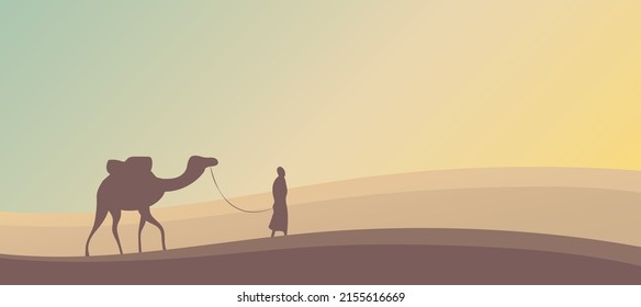 Silhouette of a camel and a bedouin in a hot desert. Animal of Africa on the way. Landscape with sand dunes and sunrise. Vector cartoon background illustration