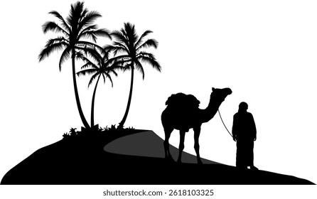 A silhouette of a camel and a bedouin on a dune with palm trees