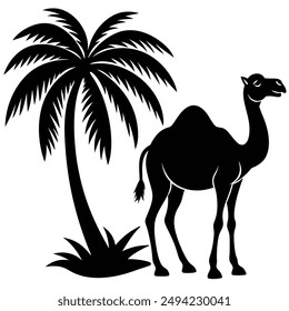 Silhouette of Camel with Coconut Tree on White Background