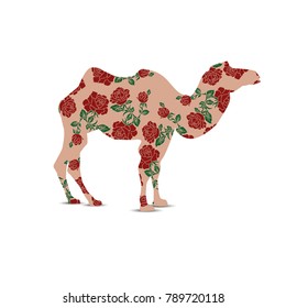 Silhouette of camel with color image of flowers (roses) using traditional Ukrainian embroidery elements. 