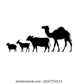 Silhouette of camel, cow, goat, and sheep illustration.