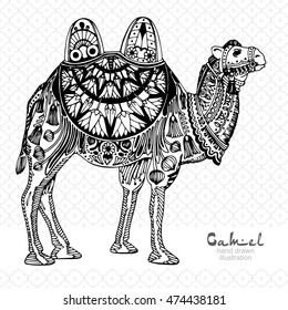 Silhouette of camel, decorated with arabic pattern, black and white illustration