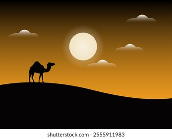 Silhouette of a camel in the desert in the afternoon