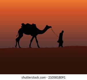 Silhouette of Camel and camel driver  in desert on sunset. Vector.