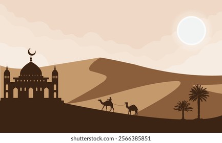 Silhouette of camel and mosque in the desert. Vector illustration