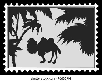  silhouette camel on postage stamps, vector illustration
