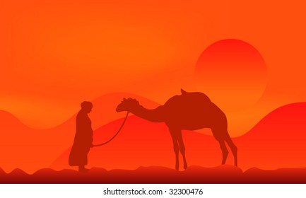 Silhouette of a camel over sunset in desert