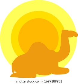 silhouette of camel sitting against layered yellow sun. Logo for products, travel blogs,articles, books,decorative elements