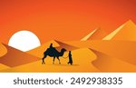 Silhouette of the Camel Trader crossing the sand to pyramid dune during sunset. Silhouette illustration of riding a Camel during sunset, desert, rajasthan, morocco, dunes, thar