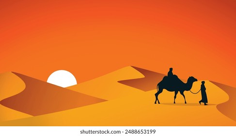 Silueta del Camel Trader cruzando la duna de arena durante la puesta de sol. Ilustración de la silueta de montar un camello durante el atardecer, desierto, rajastán, Marruecos, dunas, thar