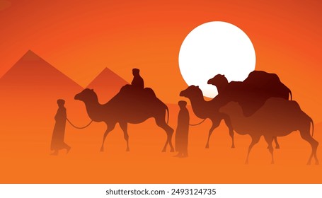 Silueta del Camel Trader cruzando la arena a la duna piramidal durante la puesta de sol. Ilustración de la silueta de montar un camello durante el atardecer, desierto, rajastán, Marruecos, dunas, thar