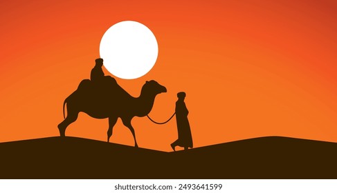 Silhouette of the Camel Trader crossing the sand to pyramid dune during sunset. Silhouette illustration of riding a Camel during sunset, desert, dunes, thar